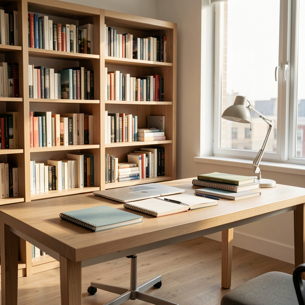 Editorial workspace interior, bookshelves and notebooks on a minimal wooden desk, morning light