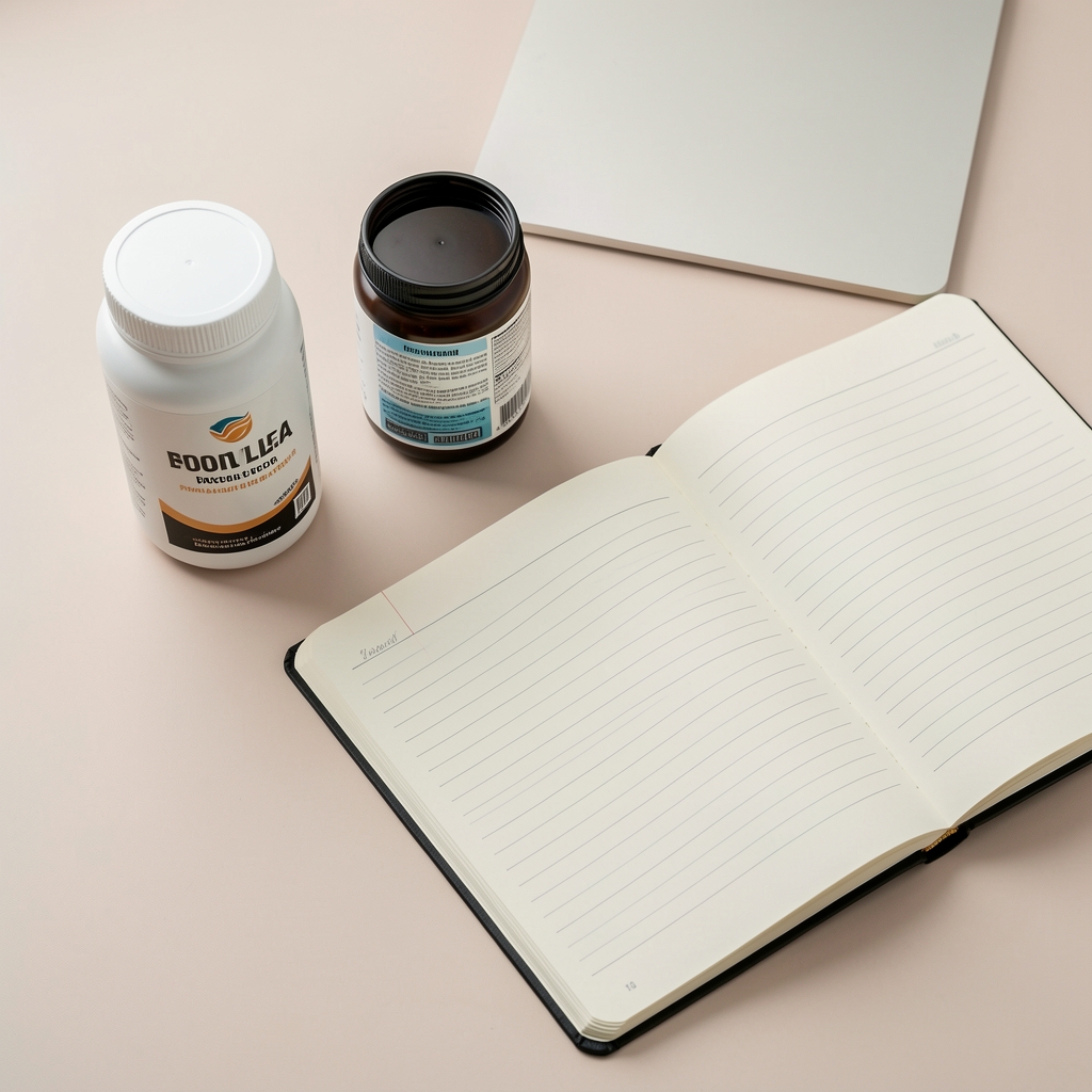 Supplement containers and an open notebook arranged on a pale desk surface, overhead editorial composition