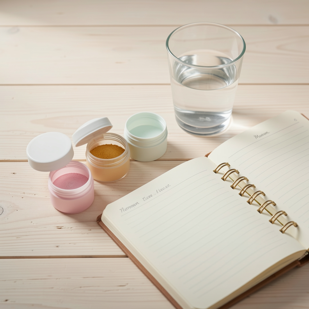Open supplement containers, a glass of water, and a morning journal on a pale wooden surface