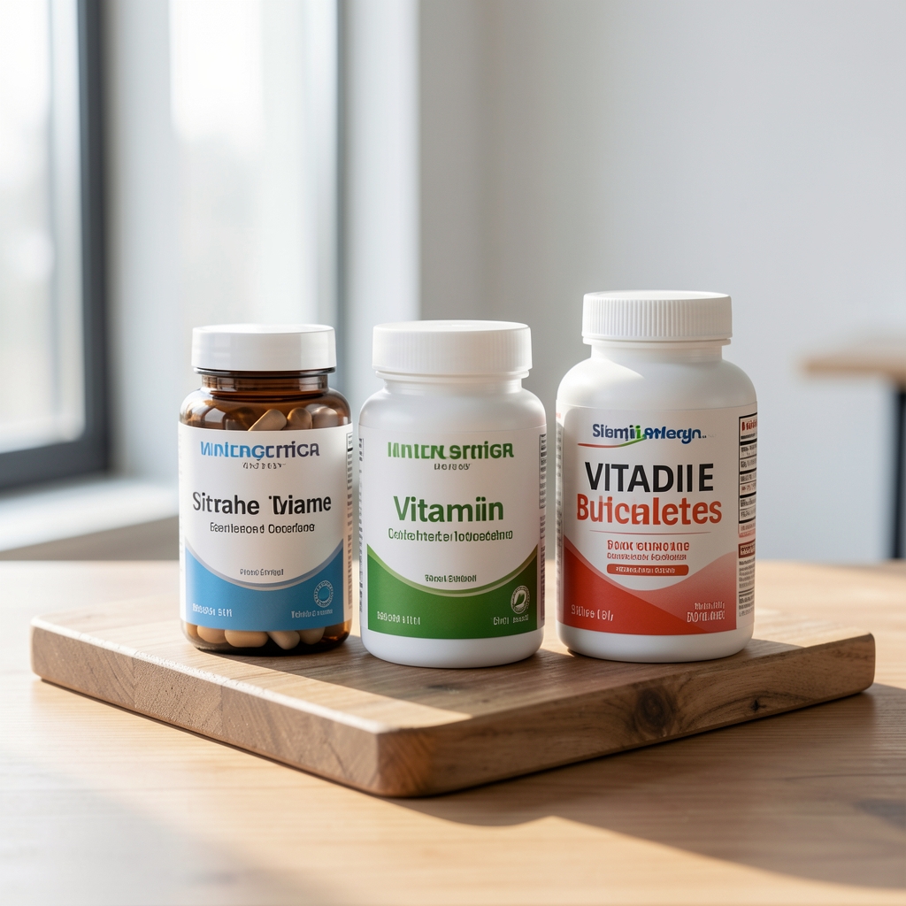 Close-up of vitamin supplement containers on a wooden surface, morning natural light, minimal editorial composition
